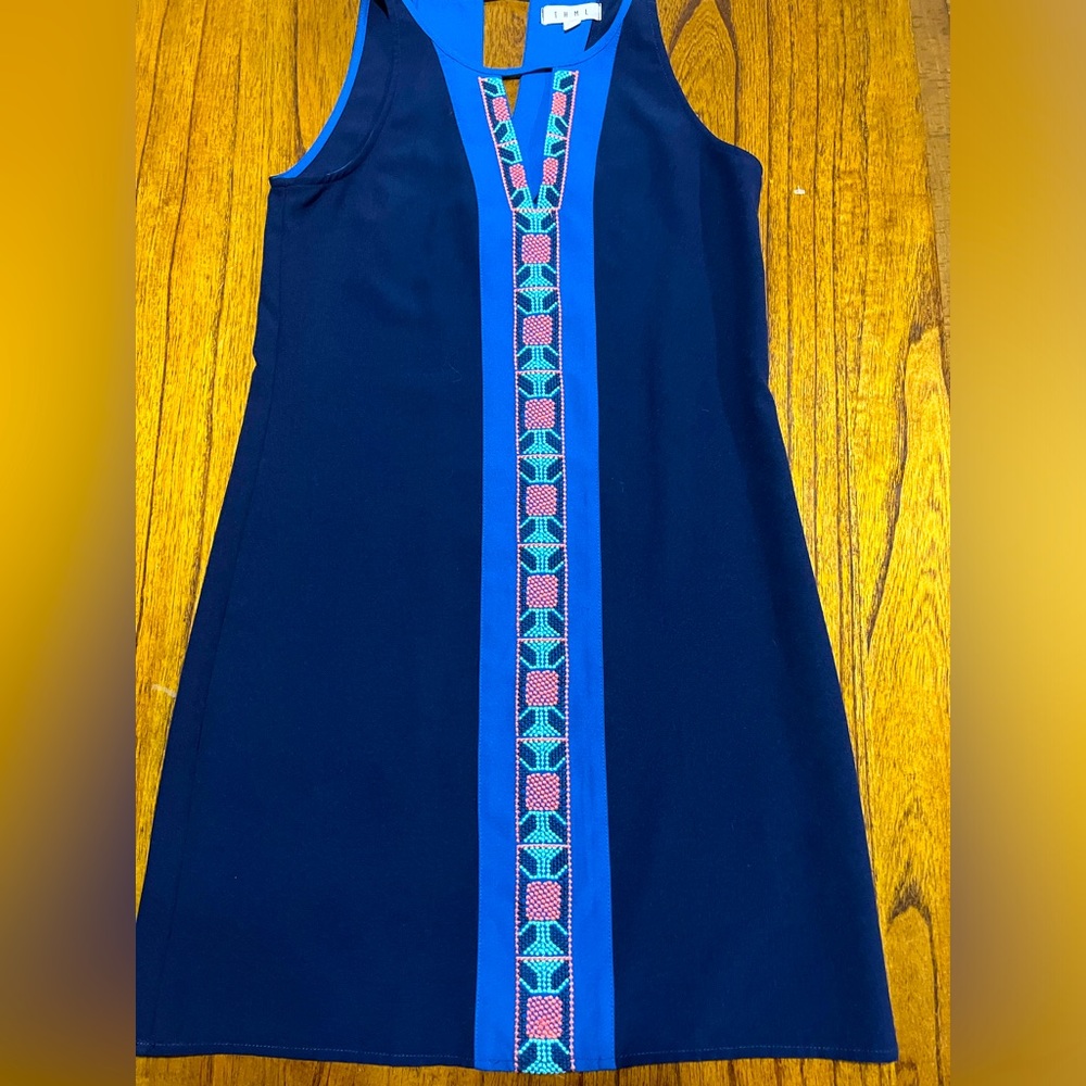 Anthropologie Navy Blue Shift Dress with Aqua & Pink Embroidered Trim